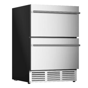 euhomy 24 inch under counter double drawer fridge, weather proof stainless steel outdoor beverage refrigerator for patio, built-in beverage fridge for home & commercial use stainless steel silver