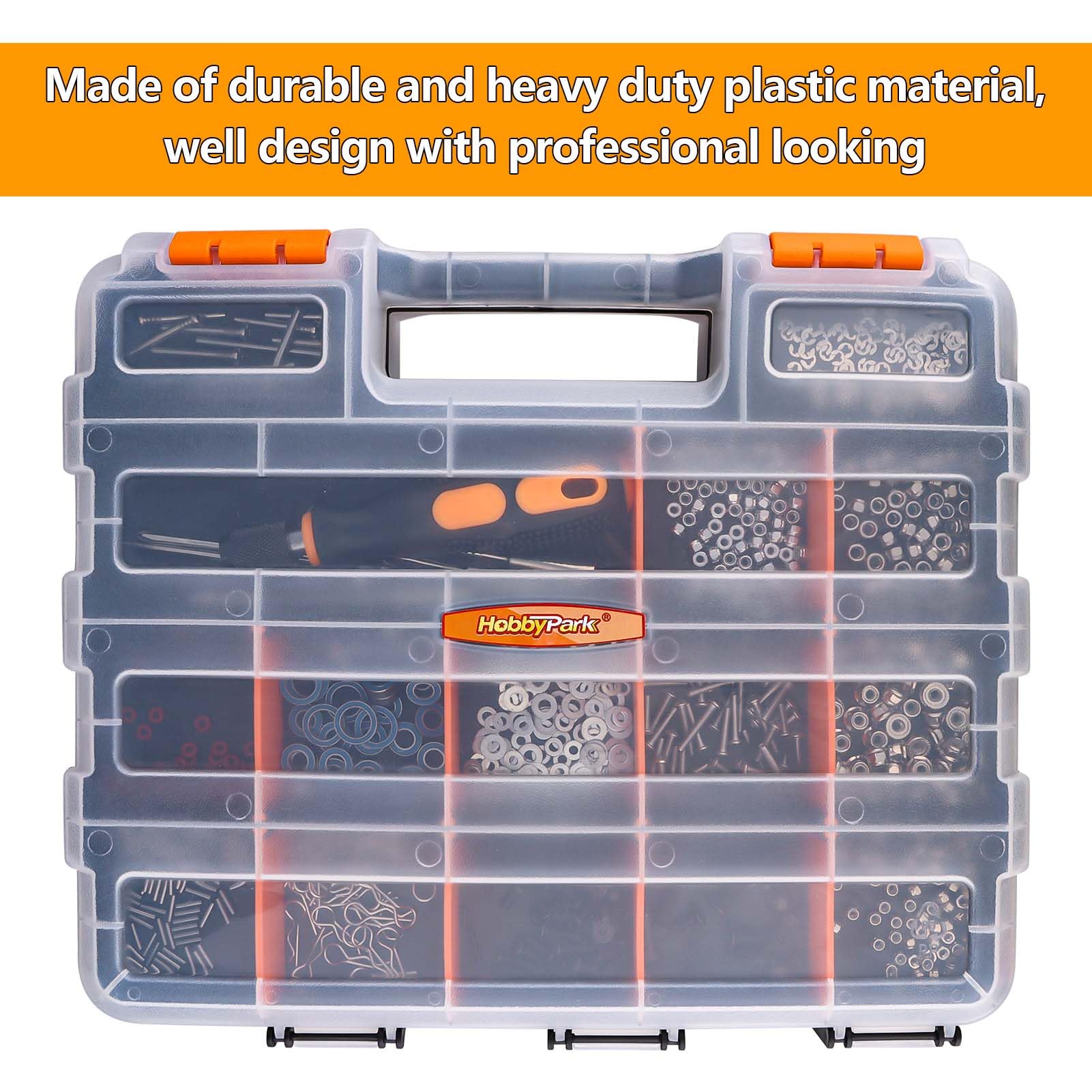 HobbyPark RC Hardware Organizer Box Adjustable Compartments Removable Dividers Durable Plastic Double Side Tools Box Screw Organizer for Nuts, Bolts, Screws, Nails, Small Parts, Tools