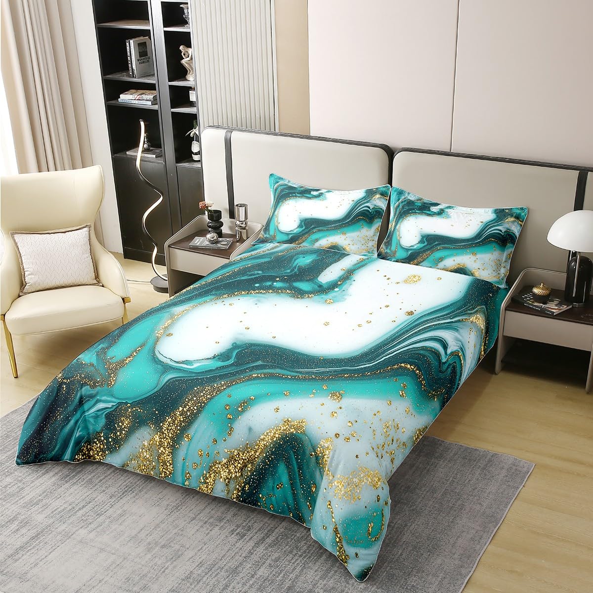 Erosebridal Teal Marble Duvet Cover Twin,Gold Glitter Turquoise 100% Organic Cotton Bedding Set,Stone Marble Bed Sets with 1 Pillowcase for Boys Girls,Tie Dye Fluid Magma Abstract Art Comforter Cover