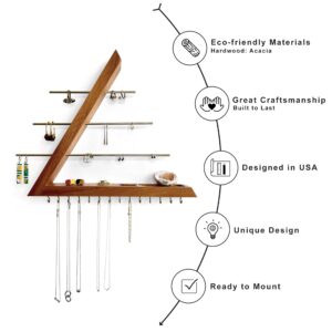 FigureGrain Jewelry Organizer Wall Mounted, Hardwood Hanging Jewelry Holder, Open Triangle Jewelry Display Shelf for Necklaces, Earrings, Rings and Bracelets, Gift for her, Patented (Acacia)