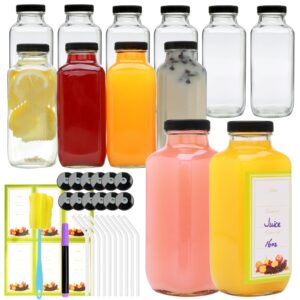 woaiwo-q 12 pack 16oz glass juice bottles with lids, reusable juice containers drinking jars water cups with brush, glass straws, lids with hole…