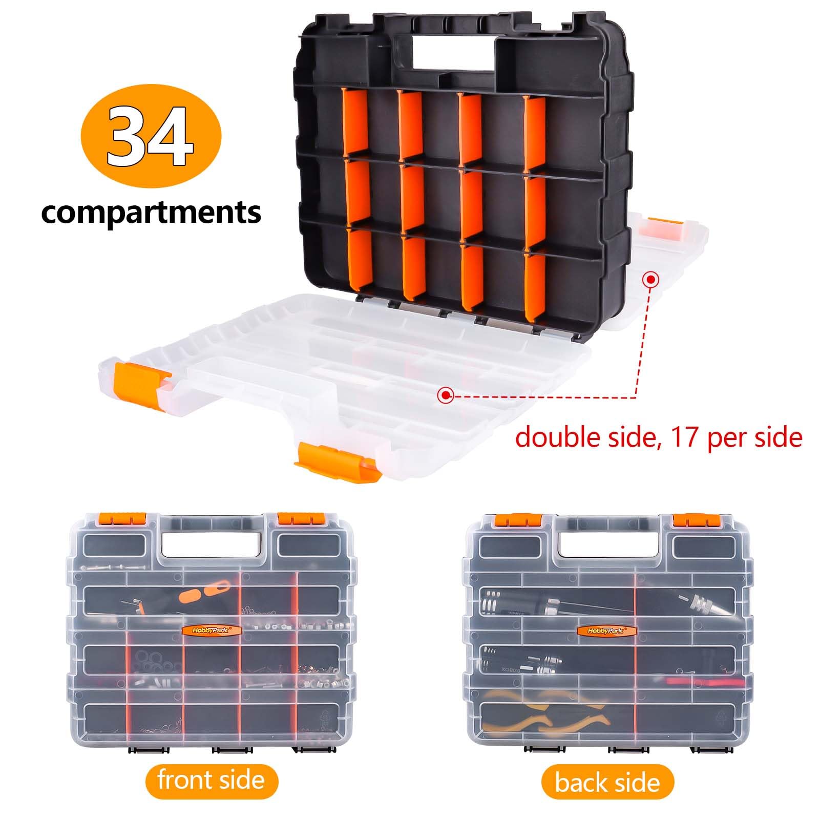 HobbyPark RC Hardware Organizer Box Adjustable Compartments Removable Dividers Durable Plastic Double Side Tools Box Screw Organizer for Nuts, Bolts, Screws, Nails, Small Parts, Tools