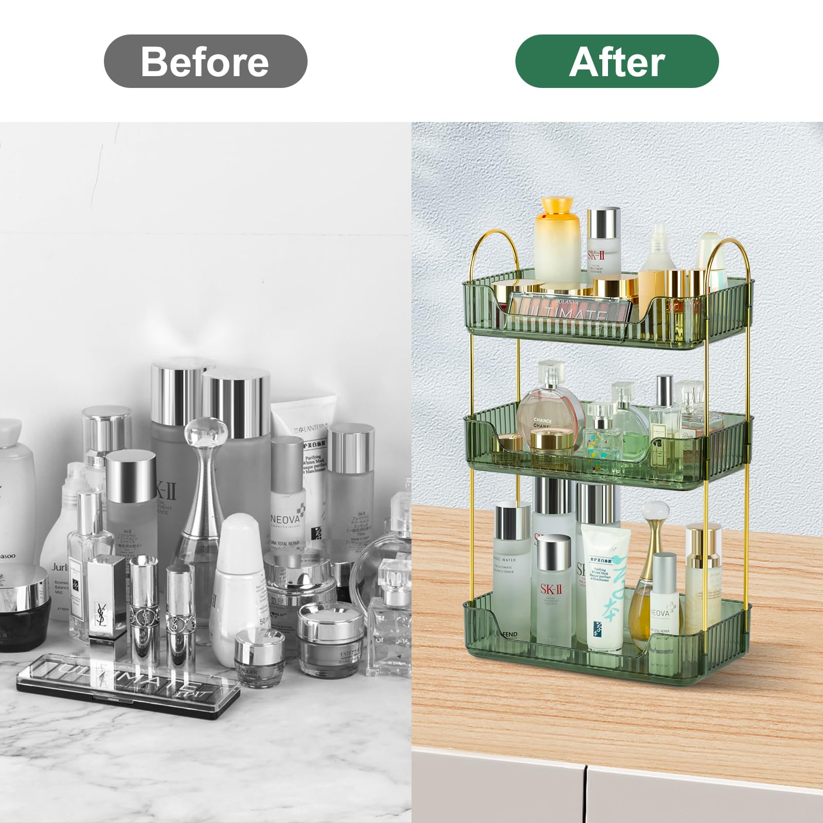 LileZbox Bathroom Counter Organizer Skincare Organizer Perfume Holder for Dresser Countertop Shelf Bathroom Countertop Tray for Cosmetic Skin Care Lipstick (Green 2-Storey)