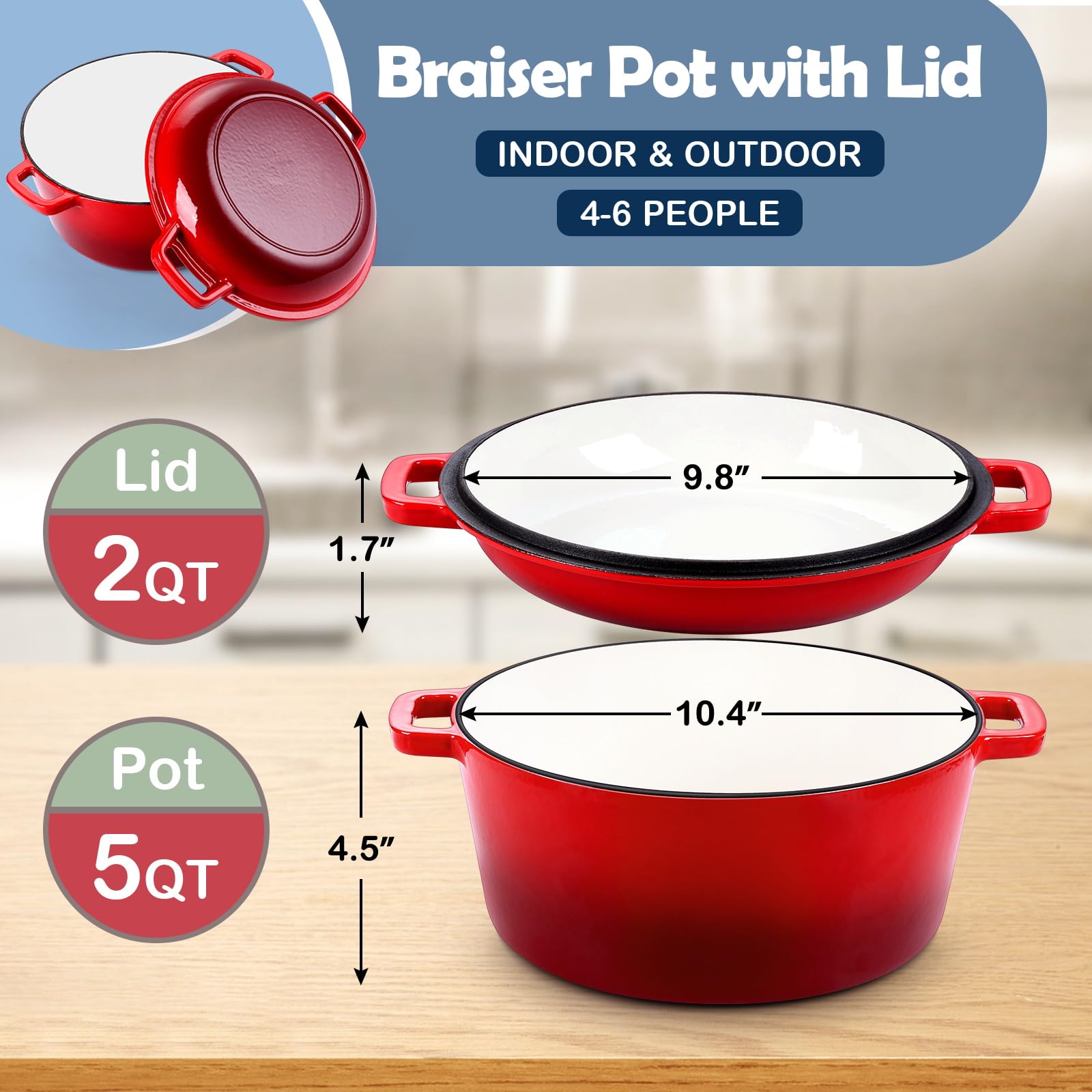 HaSteeL 2 in 1 Enameled Cast Iron Dutch Oven, 5 QT Pot & 2 Quart Skillet Lid Pan, Non-Stick Cookware Multi Cooker for Bread Baking Cooking Stewing, Suit for All Cooktops, Dual Handles & Oven Safe, Red