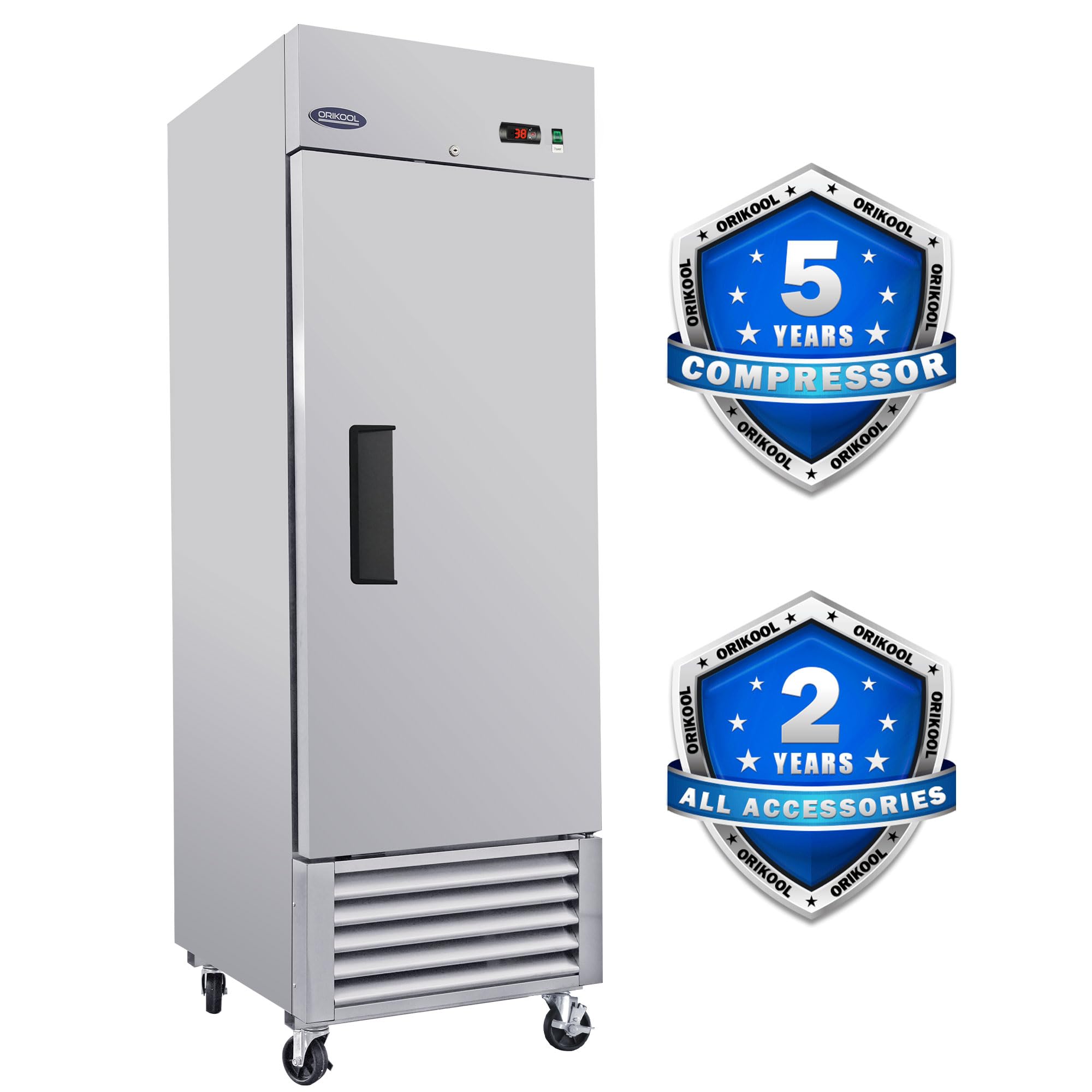 ORIKOOL 27" W Commercial Refrigerator Upright, 33℉ ~ 40℉ Stainless Steel Reach-in Refrigerator, 3 Adjustable Shelves, LED Lighting, 23 Cu.ft