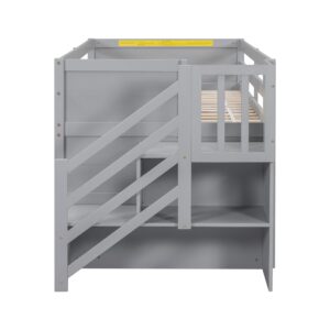 DEYOBED Twin Size Low Loft Bed with Play Space, Functional Solid Wood Bed Frame with Stair, Drawer and Shelf for Kids Girls Boys, Gray