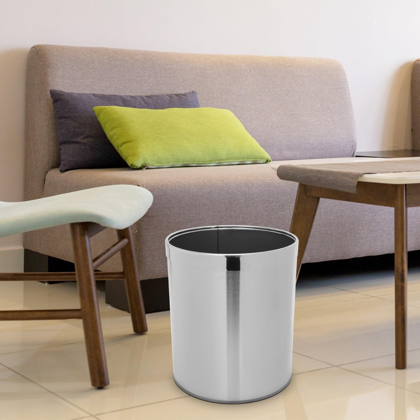 Cabilock Stainless Steel Trash Can Round Wastebasket Garbage Container Bin with Ring Open Top Recycle Bin Trash Waste Container for Home Office Kitchen Restaurant Restroom