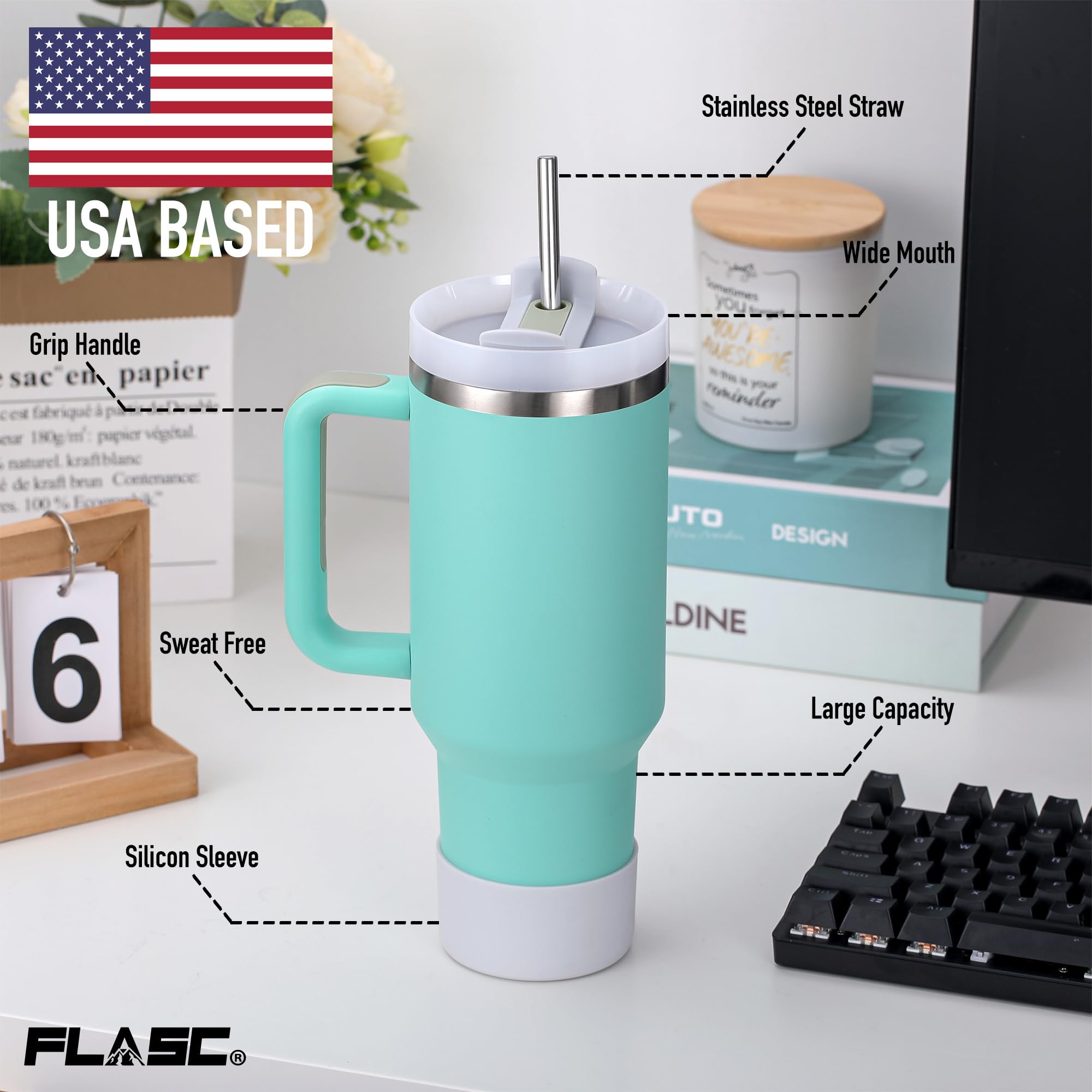 FLASC 40 oz Tumbler With Handle and Straw | 100% Leakproof Insulated Tumbler With Lid and Straw | Includes ALL Accessories: Stainless Steel Straw, Silicon Boot, Straw Cover & Cleaner (Sky Blue)