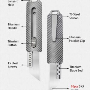 ainhue A358 Retractable Blade Utility Knife, 10pcs Replaceable Blades, 3.58 inches Titanium Handles Pocket Clip, Heavy Duty Box Cardboard Cutter