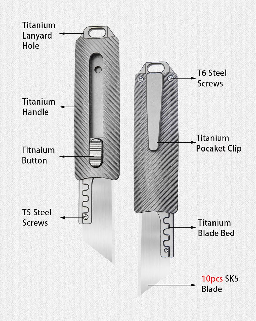 ainhue A358 Retractable Blade Utility Knife, 10pcs Replaceable Blades, 3.58 inches Titanium Handles Pocket Clip, Heavy Duty Box Cardboard Cutter