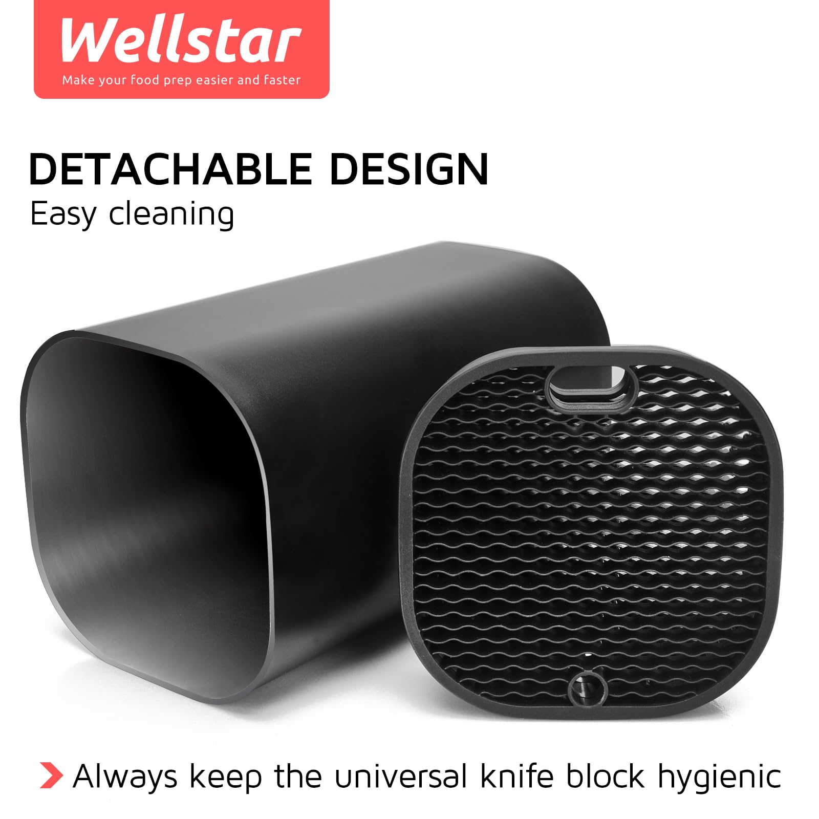 Universal Knife Block for Kitchen, WELLSTAR Knife Holder without Knives, Safe Space Saver Large Volume Stable Knife Storage with Scissors and Sharpening Rod Slot, Detachable for Easy Cleaning - Black