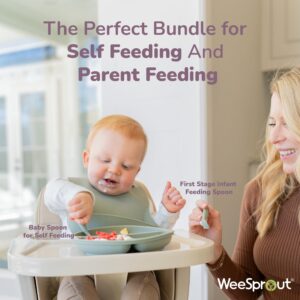 WeeSprout Baby Led Weaning Bundle, Silicone Suction Bowl, Spoons, Bib & Cup, Develops Self Feeding Skills, Dishwasher Safe (Green)