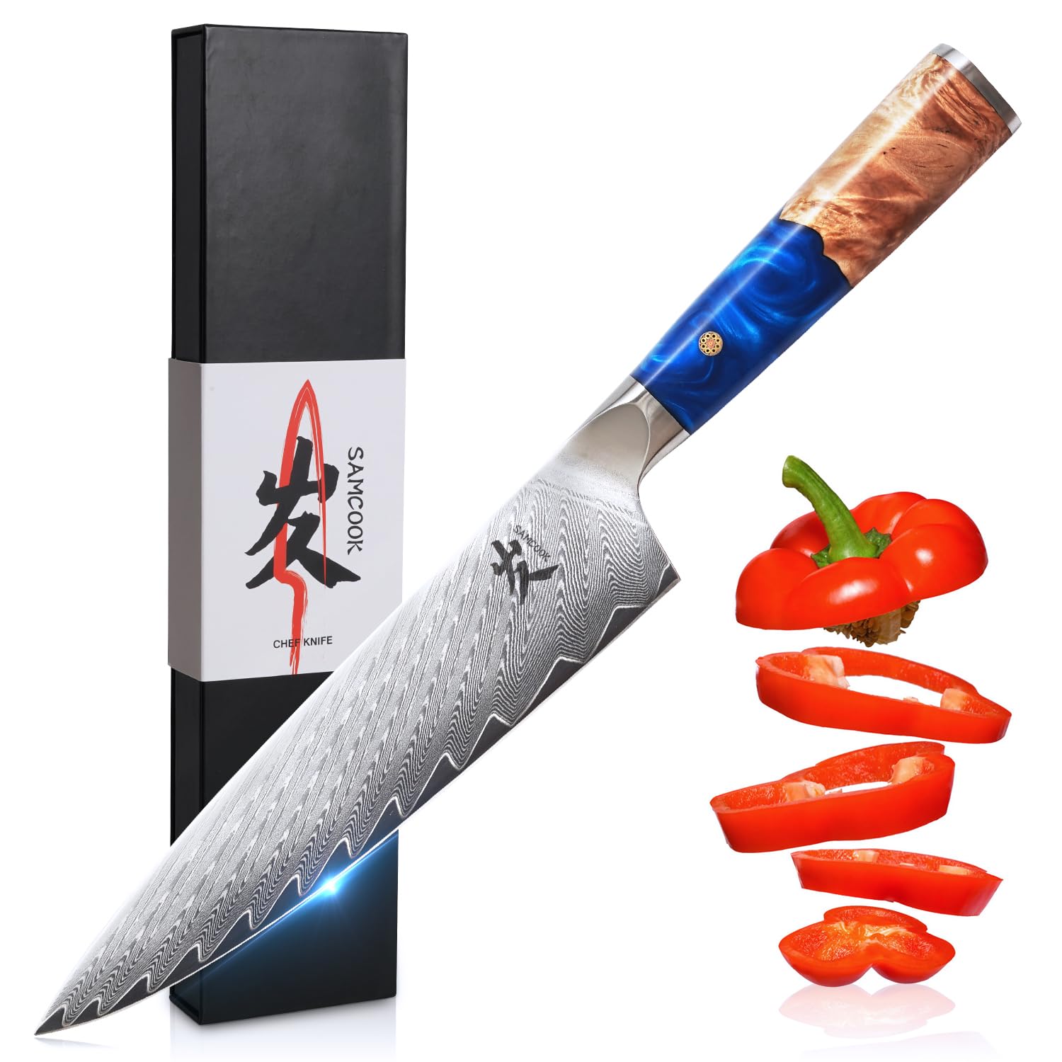 SAMCOOK Chef Knife - 8 Inch 67 Layer Forged Damascus Japan VG-10 Stainless Steel Kitchen Knives Blue Resin Wood Handle High Strength And Good Toughness Razor Sharp Cutting Meat