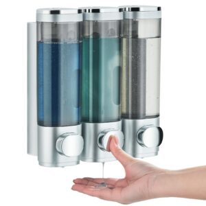 shampoo and conditioner dispenser, pollock shower dispenser 3 chamber no drill shampoo dispenser for shower wall mounted shampoo conditioner body wash dispenser for bathroom,large capacity,silver