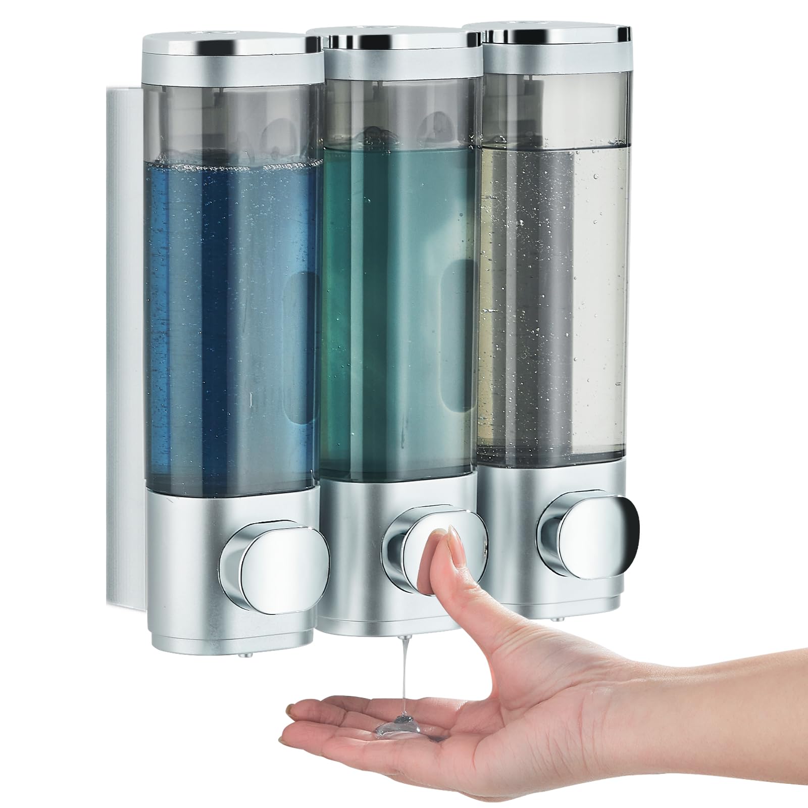 Shampoo and Conditioner Dispenser, Pollock Shower Dispenser 3 Chamber No Drill Shampoo Dispenser for Shower Wall Mounted Shampoo Conditioner Body Wash Dispenser for Bathroom,Large Capacity,Silver