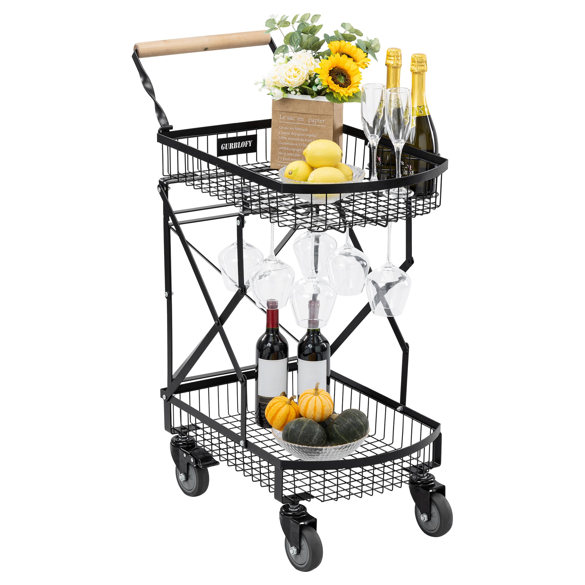 Gurblofy Bar Cart, Foldable Serving Cart for Home, Bar Cart with Wheels, Black Bar Cart with Glass Holder and Wine Rack, Indoor & Outdoor Kitchen, Dining Room, Patio, Party Cart, GBBC-B