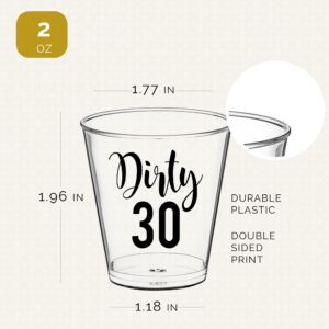 Dirty 30 Shot Glasses Disposable 100 PCS - 2oz 30th Birthday Cups, Dirty Thirty Birthday Decorations for Her, 30th Birthday Party Favors, 30th Birthday Decorations for Him - Clear Plastic Shot Glasses