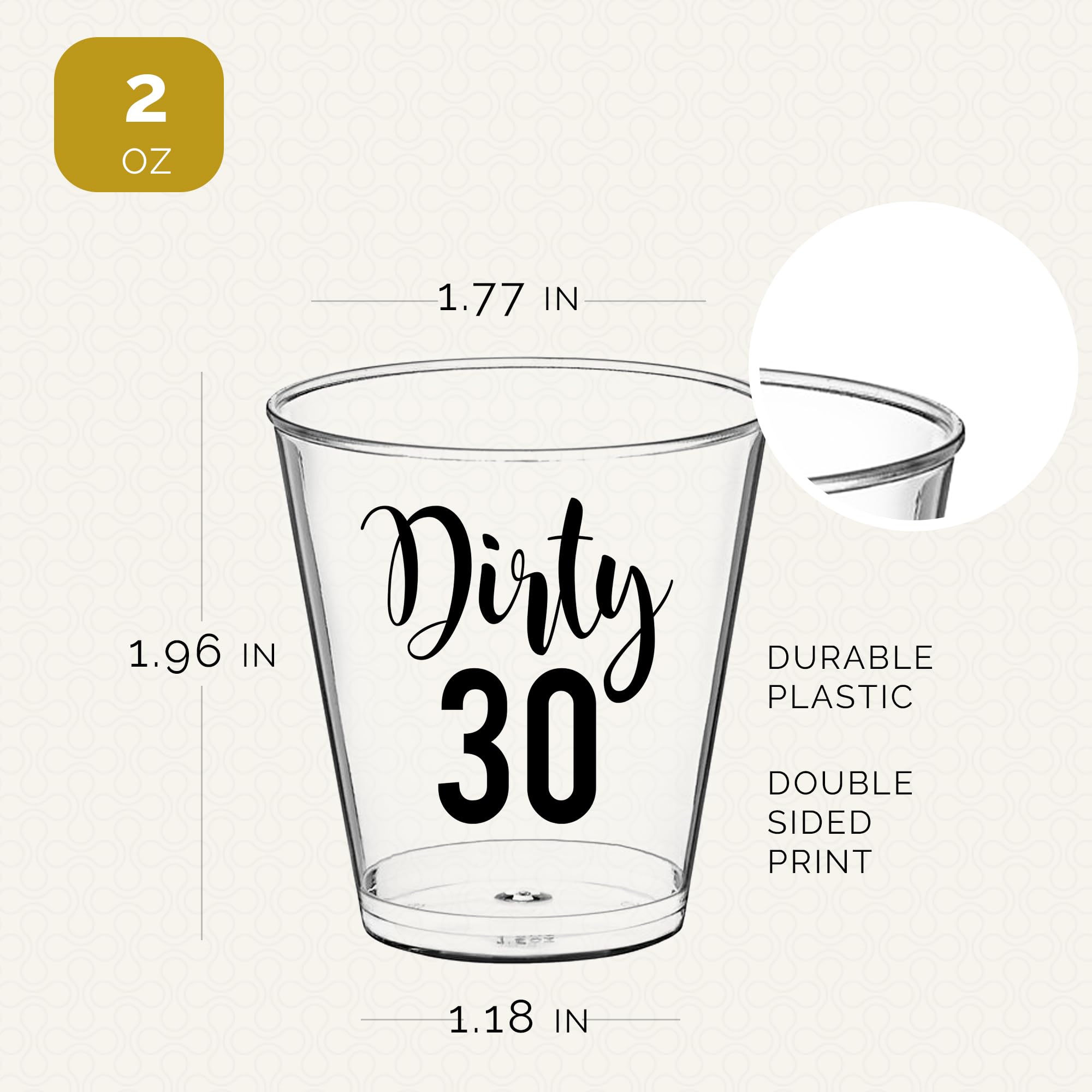 Dirty 30 Shot Glasses Disposable 100 PCS - 2oz 30th Birthday Cups, Dirty Thirty Birthday Decorations for Her, 30th Birthday Party Favors, 30th Birthday Decorations for Him - Clear Plastic Shot Glasses