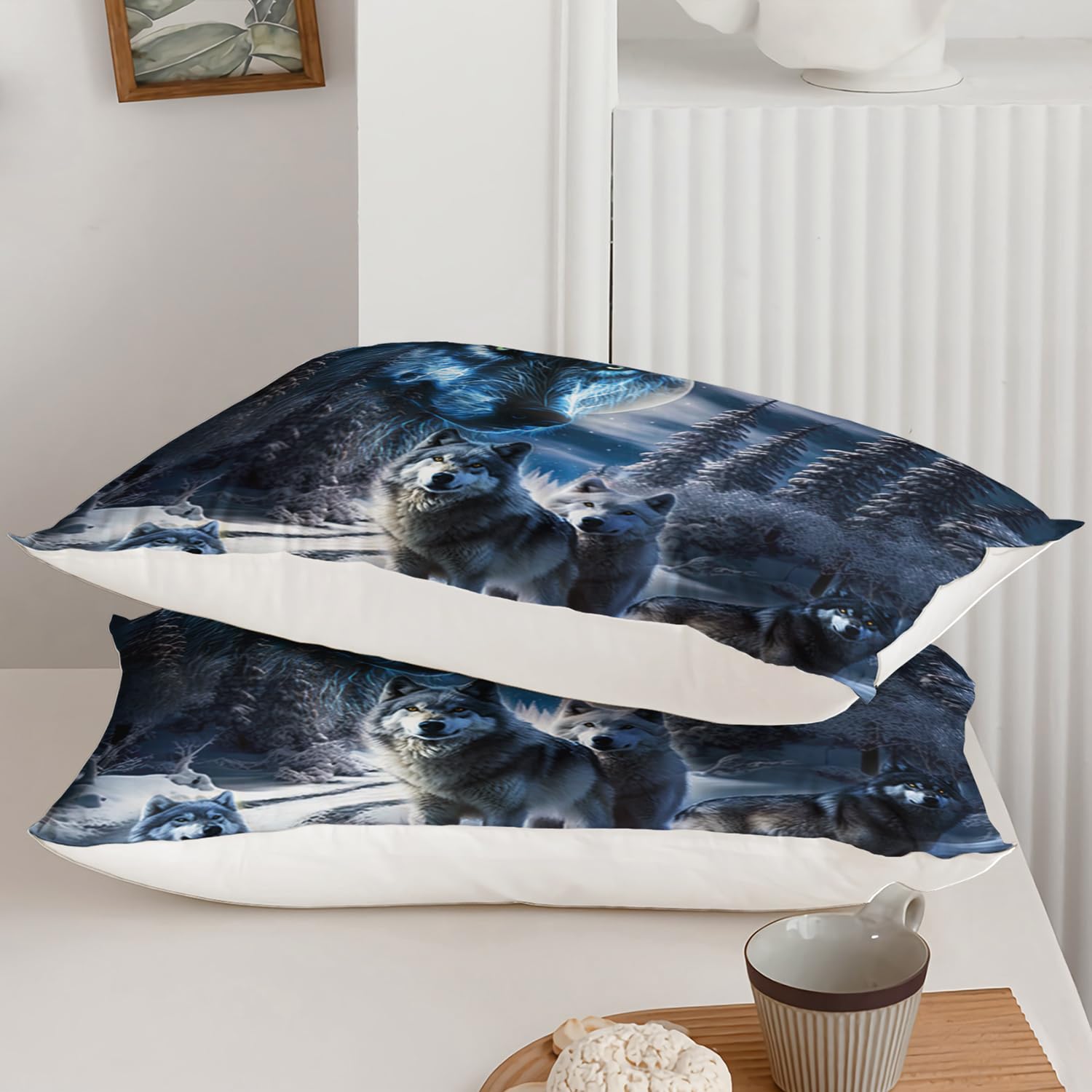 AILONEN Snow Wolf Bedding Queen Duvet Cover Set, 3D Night Galaxy Starry Wolf Comforter Cover Set,Wild Animals Wolf Themed Quilt Cover and 2 Pillowcases for Boys Adults, 3 Pieces