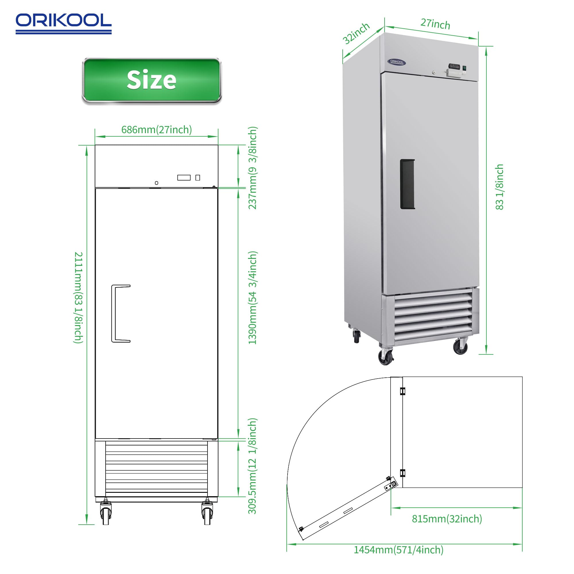 ORIKOOL 27" W Commercial Refrigerator Upright, 33℉ ~ 40℉ Stainless Steel Reach-in Refrigerator, 3 Adjustable Shelves, LED Lighting, 23 Cu.ft