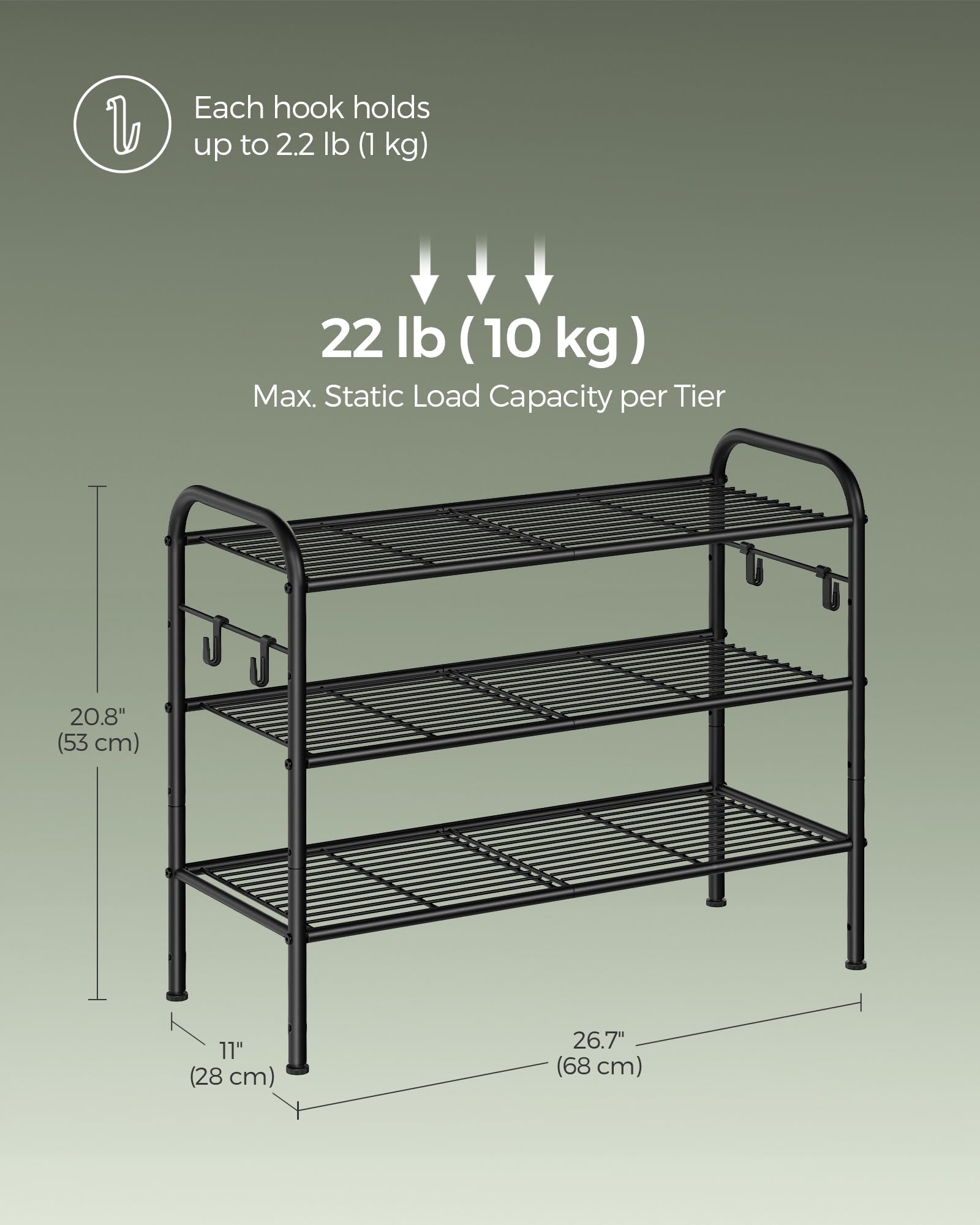 SONGMICS Shoe Rack, 3-Tier Shoe Organizer, Metal Shoe Shelf Storage with 4 Side Hooks, Holds 12 Pairs of Shoes, Height-Adjustable Shoe Rack for Entryway, Hallway, Closet, Easy Assembly, Ink Black