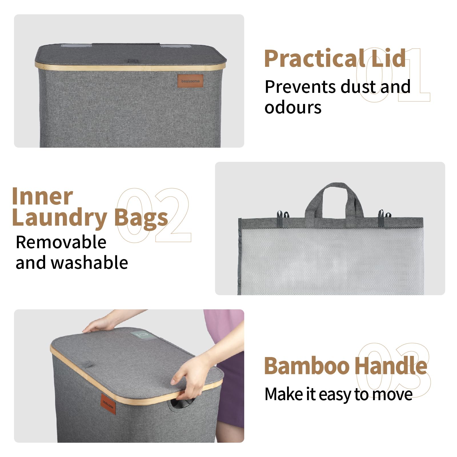 BESHOOME Grey Laundry Hamper with Lid, 140L Extra Large Laundry Basket, 2 Section Laundry Hamper, Laundry Hamper with Handle and Removable Bags, Double Laundry Hamper, Foldable Dirty Clothes Hamper