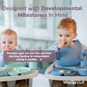 WeeSprout Baby Led Weaning Bundle, Silicone Suction Bowl, Spoons, Bib & Cup, Develops Self Feeding Skills, Dishwasher Safe (Green)