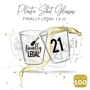 Finally Legal 21st Birthday Shot Glasses Disposable 2oz 100 PCS - 21st Birthday Decorations For Her and Him, 21st Birthday Cup, Perfect For 21st Birthday Party Favors, 21st Birthday Glass Plastic 2oz