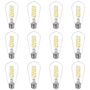 dimmable led edison bulbs,6w equivalent to 60w vintage light bulb, e26 5000k st58/st19 led bulbs, antique flexible spiral led filament light bulbs, clear plastic screw lamp - 12pack