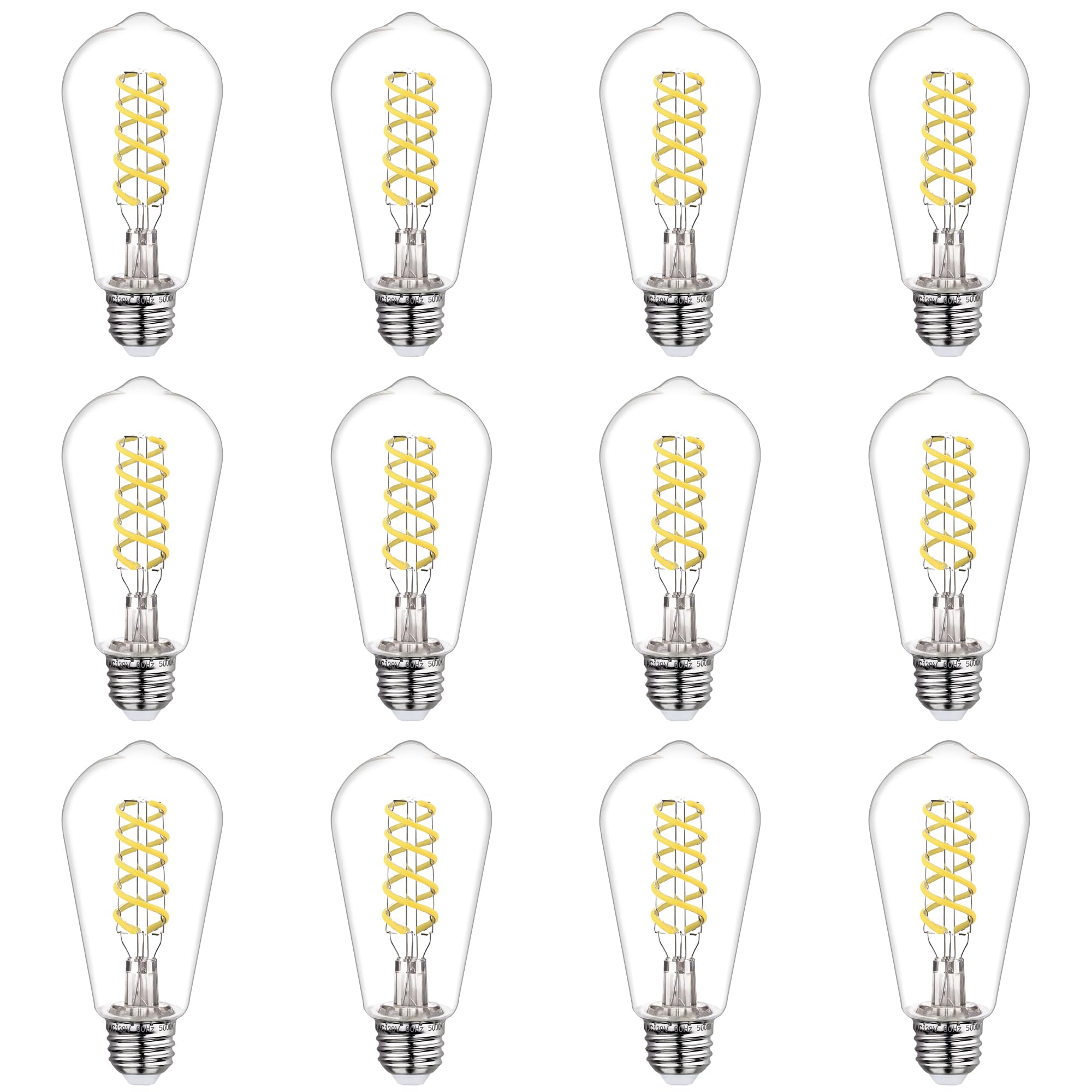 Dimmable LED Edison Bulbs,6W Equivalent to 60W Vintage Light Bulb, E26 5000K ST58/ST19 LED Bulbs, Antique Flexible Spiral LED Filament Light Bulbs, Clear Plastic Screw Lamp - 12Pack