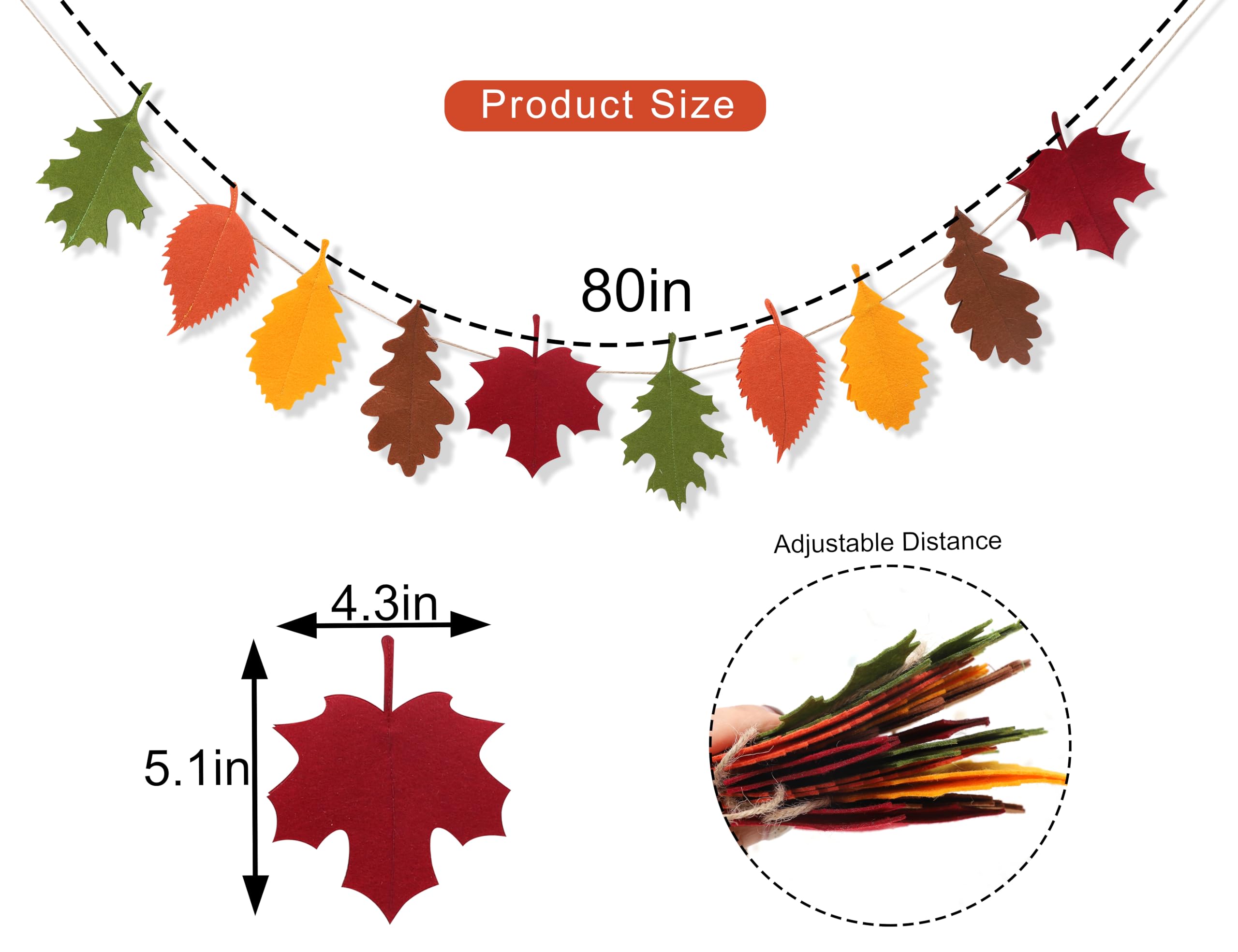 Felt Fall Leaf Garland - Double Layers Felt Leaves Banner, Fall Decorations for Mantle, Thanksgiving Decorations