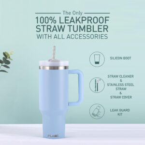 FLASC 40 oz Tumbler With Handle and Straw | 100% Leakproof Insulated Tumbler With Lid and Straw | Includes ALL Accessories: Stainless Steel Straw, Silicon Boot, Straw Cover & Cleaner (Sky Blue)