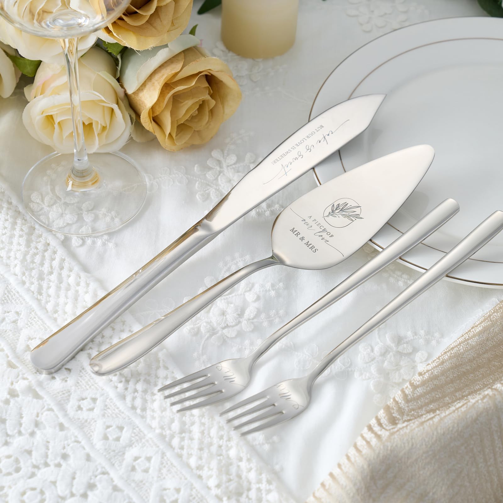 AW BRIDAL 4Pcs Wedding Cake Knife and Server set with Forks, Stainless Steel Engraved Cake Cutting and Pie Server Gifts for Bridal Shower Engagement, Silver