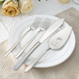 AW BRIDAL 4Pcs Wedding Cake Knife and Server set with Forks, Stainless Steel Engraved Cake Cutting and Pie Server Gifts for Bridal Shower Engagement, Silver