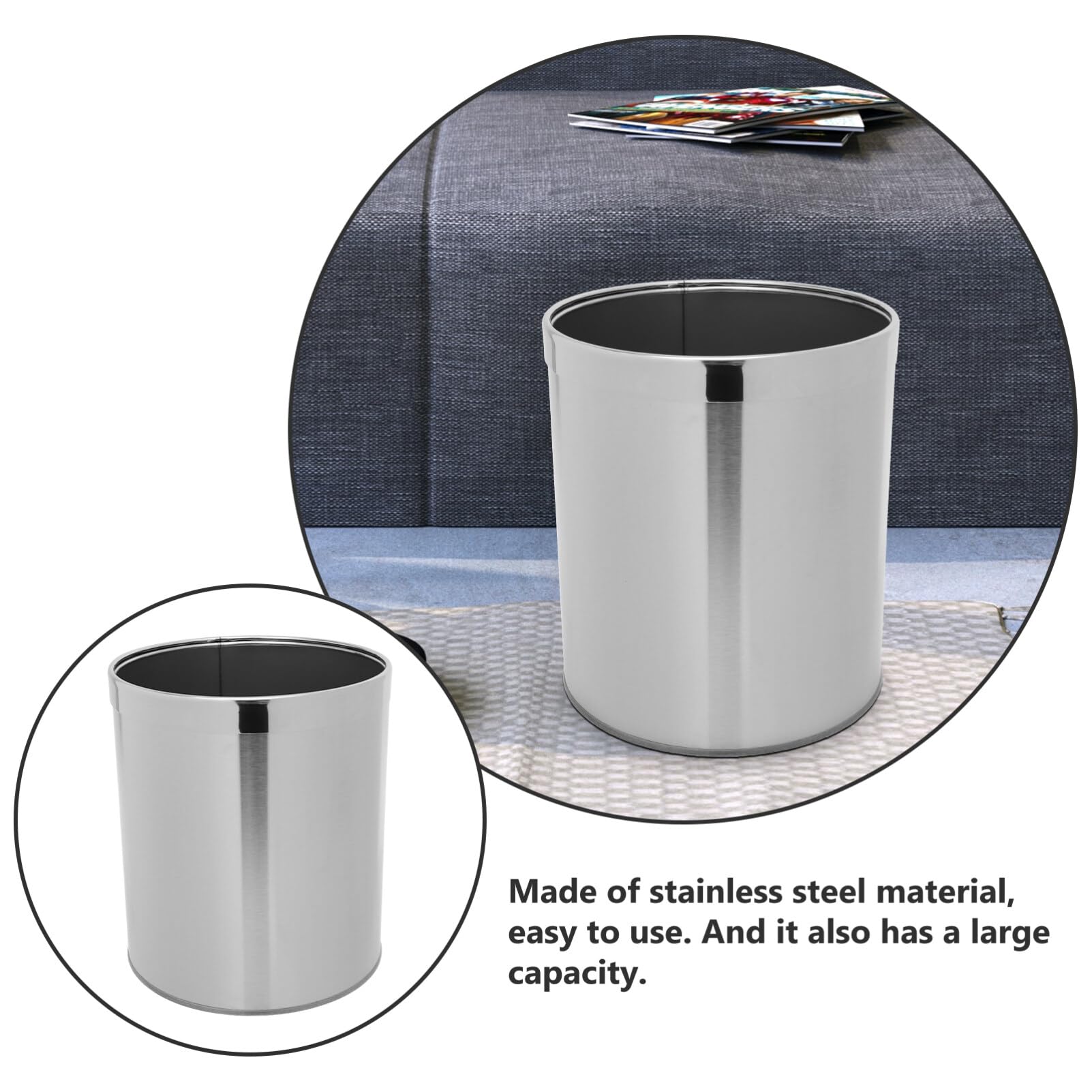 Cabilock Stainless Steel Trash Can Round Wastebasket Garbage Container Bin with Ring Open Top Recycle Bin Trash Waste Container for Home Office Kitchen Restaurant Restroom