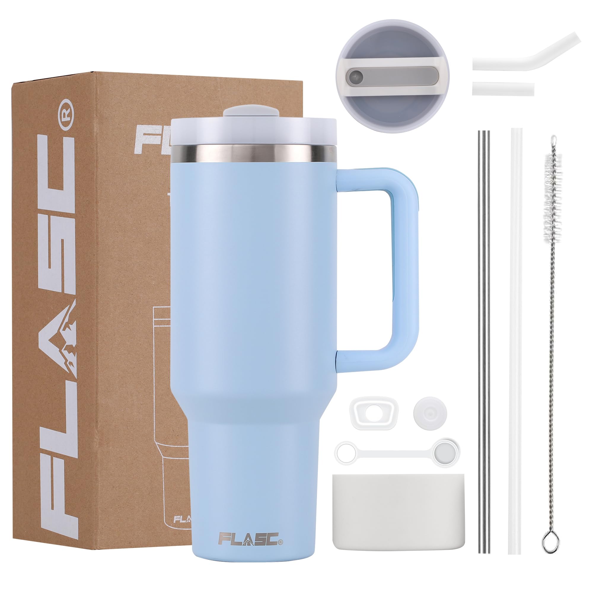 FLASC 40 oz Tumbler With Handle and Straw | 100% Leakproof Insulated Tumbler With Lid and Straw | Includes ALL Accessories: Stainless Steel Straw, Silicon Boot, Straw Cover & Cleaner (Sky Blue)