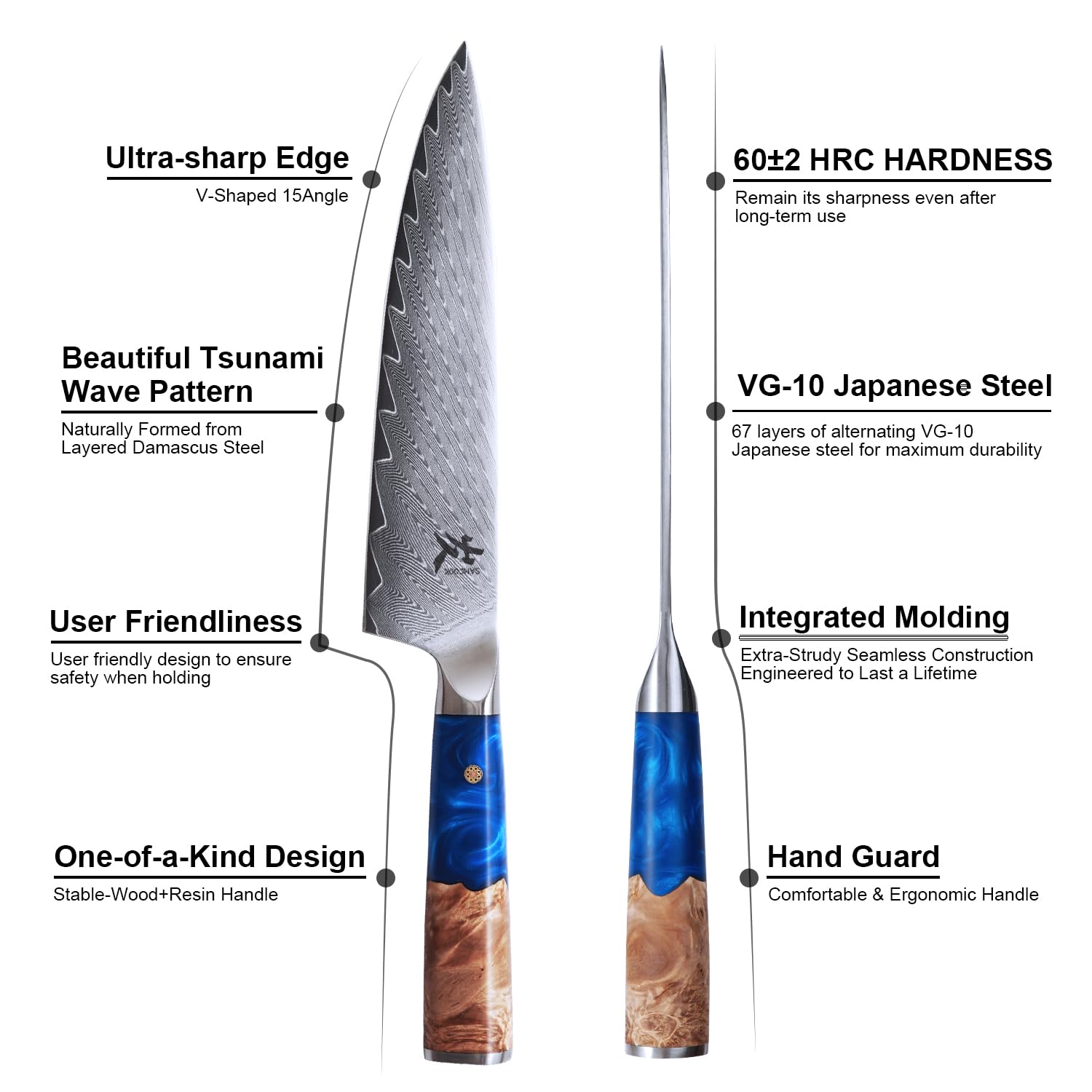 SAMCOOK Chef Knife - 8 Inch 67 Layer Forged Damascus Japan VG-10 Stainless Steel Kitchen Knives Blue Resin Wood Handle High Strength And Good Toughness Razor Sharp Cutting Meat