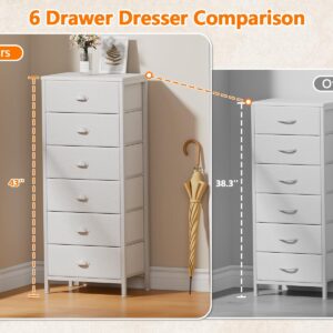 Furnulem White Tall Dresser for Bedroom,Vertical Storage Tower Unit and End Table with 6 Drawers, Nightstand Furniture with Fabric Drawer Organizer in Living Room,Closet,Entryway,Hallyway