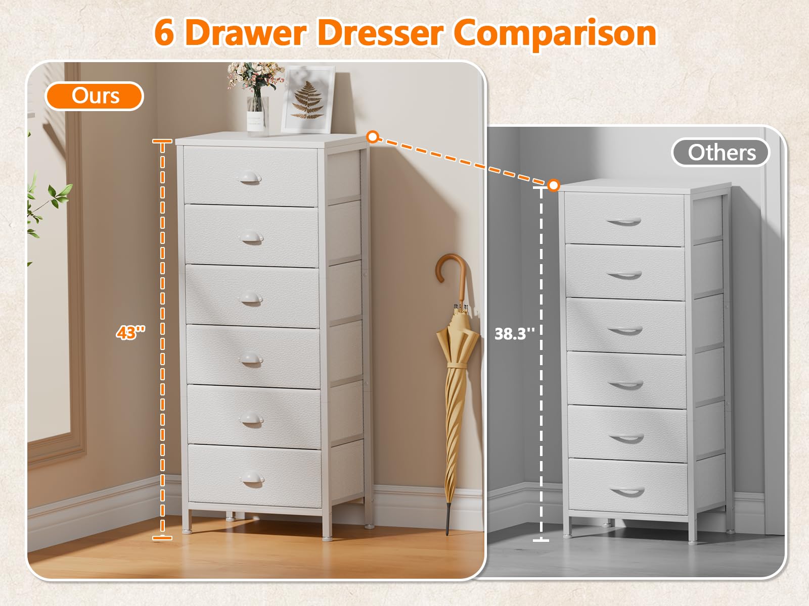 Furnulem White Tall Dresser for Bedroom,Vertical Storage Tower Unit and End Table with 6 Drawers, Nightstand Furniture with Fabric Drawer Organizer in Living Room,Closet,Entryway,Hallyway