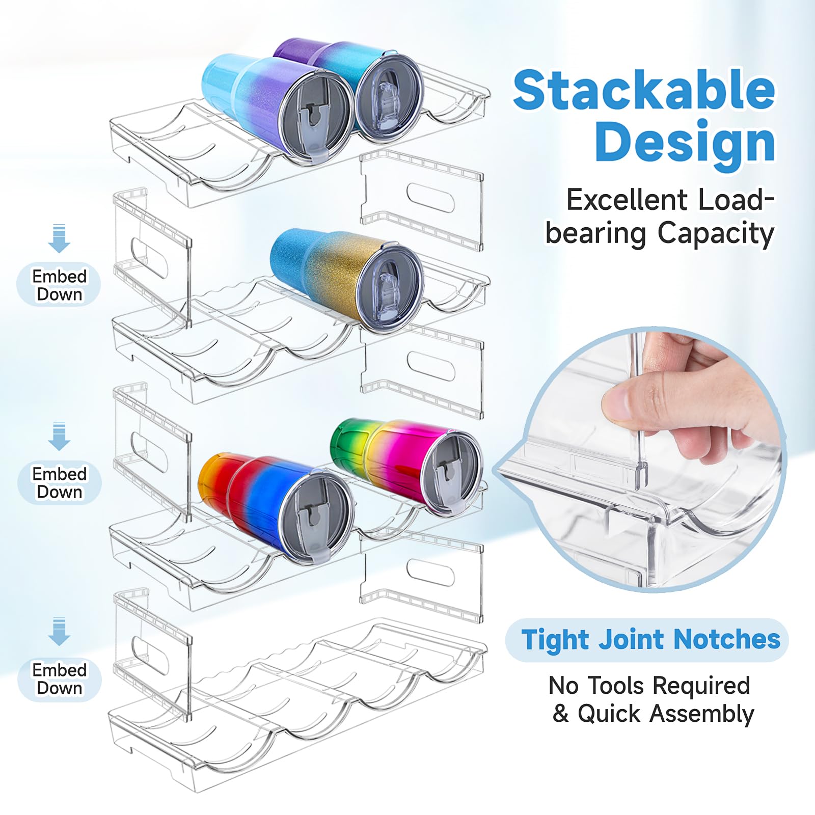 Large Compartment Water Bottle Organizer,4 Tier Stackable Water Bottle Rack for Cabinet,Tumbler Storage Organizer for Kitchen,Fridge,Cabinet Organization and Storage,Clear Water Bottle Storage Rack