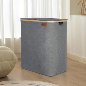 BESHOOME Grey Laundry Hamper with Lid, 140L Extra Large Laundry Basket, 2 Section Laundry Hamper, Laundry Hamper with Handle and Removable Bags, Double Laundry Hamper, Foldable Dirty Clothes Hamper