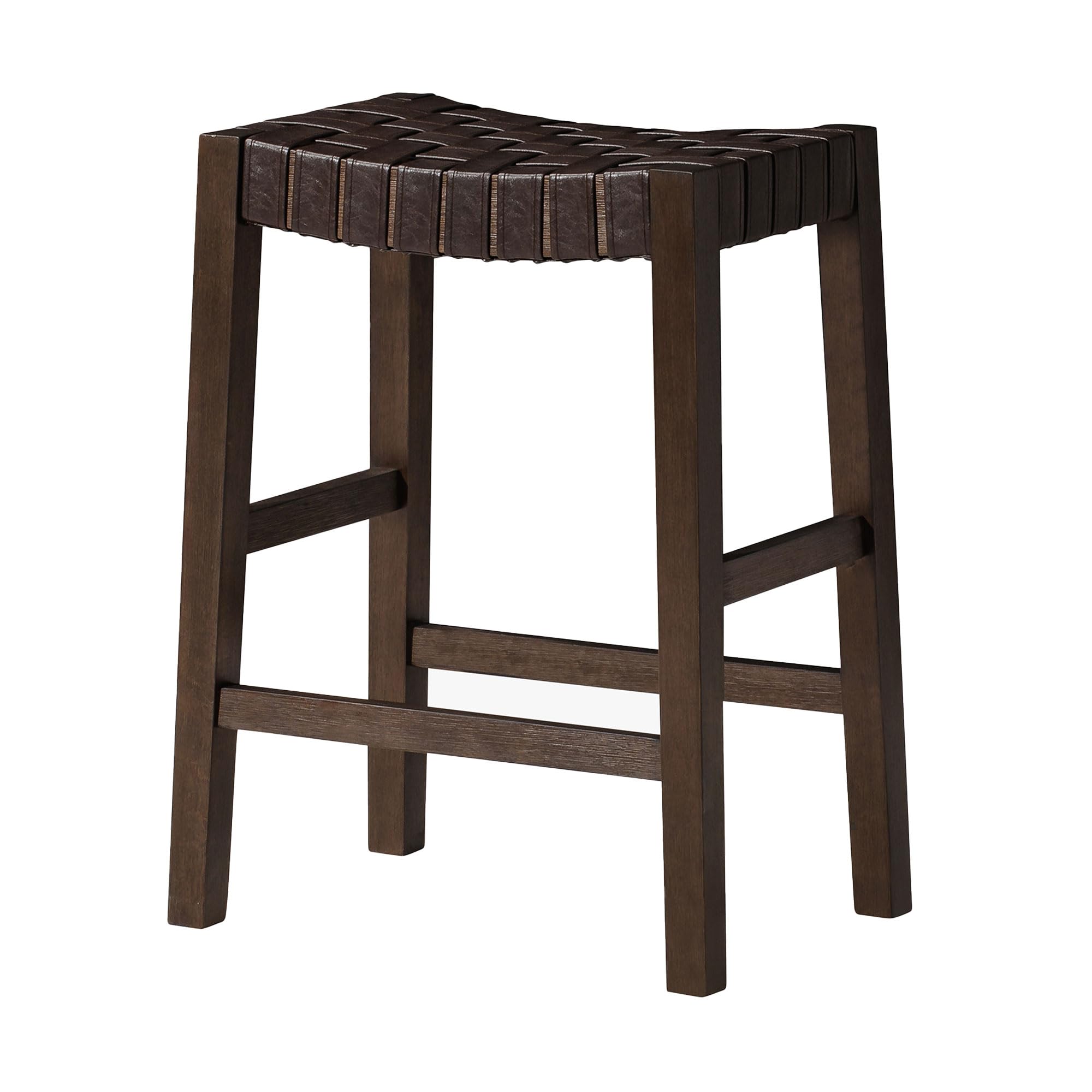 Maven Lane Emerson 26 Inch Tall Counter Height Backless Saddle Barstool in Weathered Brown Wood Finish with Marksman Saddle Vegan Leather Seat