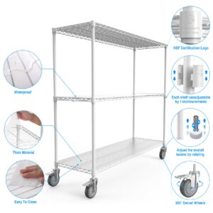 White 3 Tier NSF Metal Shelf Wire Shelving Unit, 18"D x 48"L x 54"H - 3000lbs Heavy Duty Adjustable Wire Rack with 5in Wheels and Shelf Liners for Garage Kitchen Office Garage Utility Storage Rack