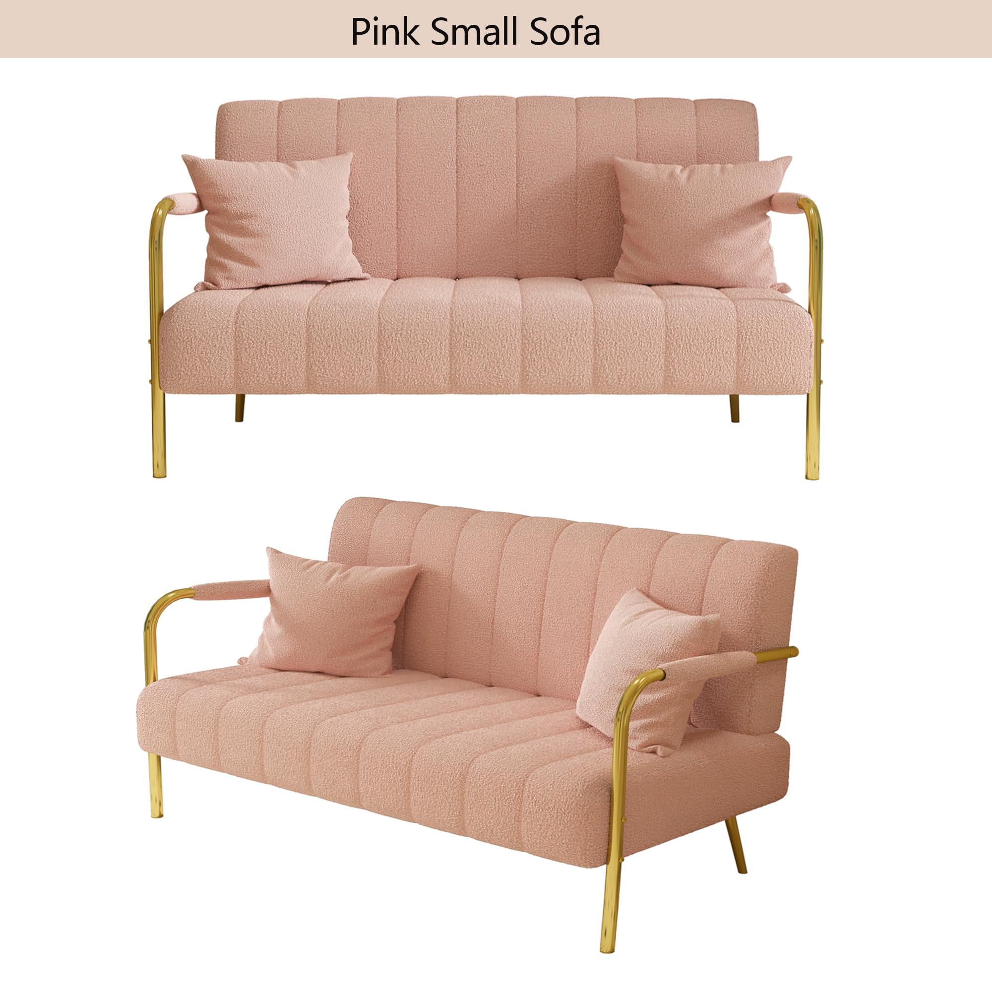 Klwenas Maec 59" Modern Cashmere Loveseat Sofa,Tufted Small Love Seat w/2 Pillows Golden Chrome Legs,2-Seater Upholstered Mini Sofa Couches for Small Space,Living Room Home Office (Pink)