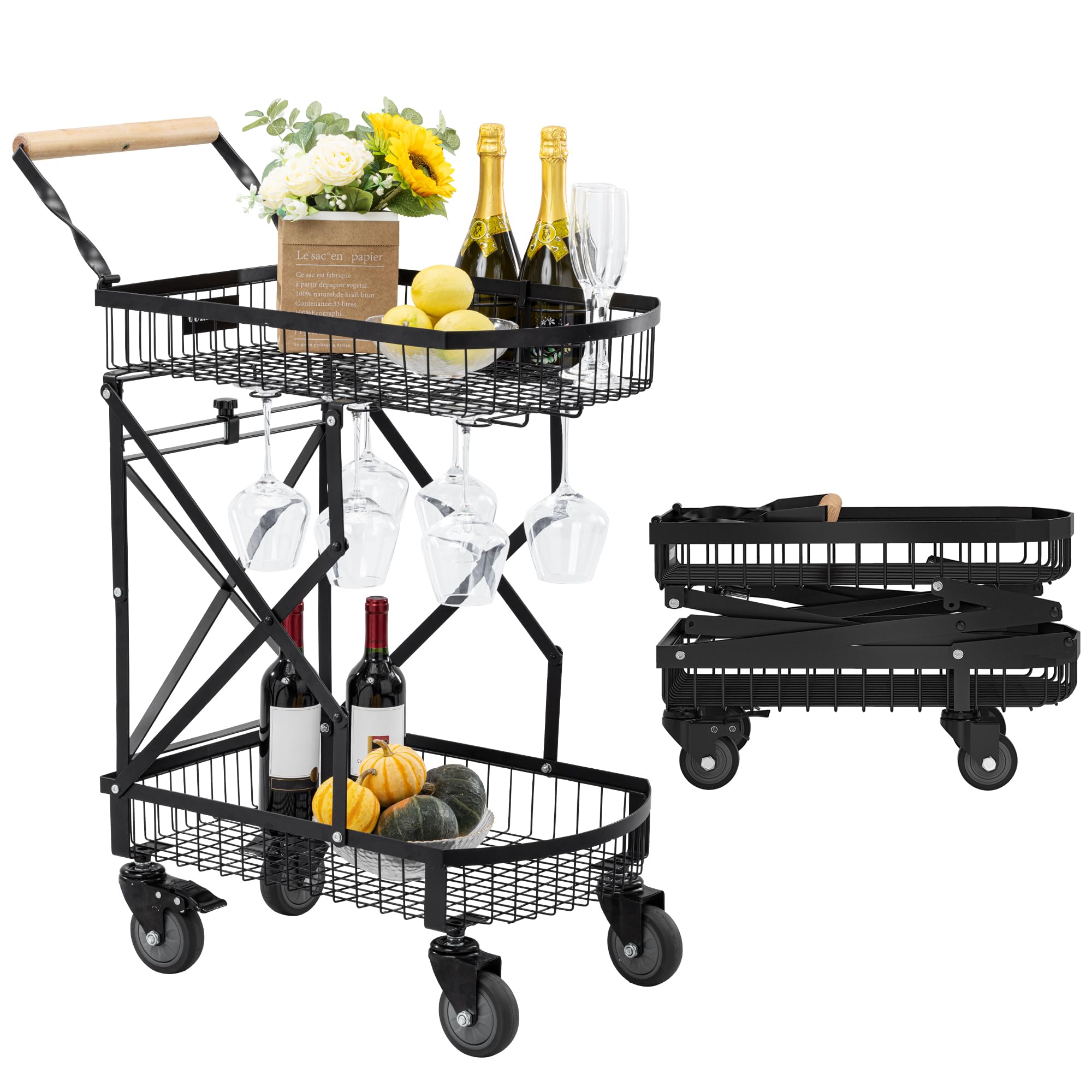 Gurblofy Bar Cart, Foldable Serving Cart for Home, Bar Cart with Wheels, Black Bar Cart with Glass Holder and Wine Rack, Indoor & Outdoor Kitchen, Dining Room, Patio, Party Cart, GBBC-B