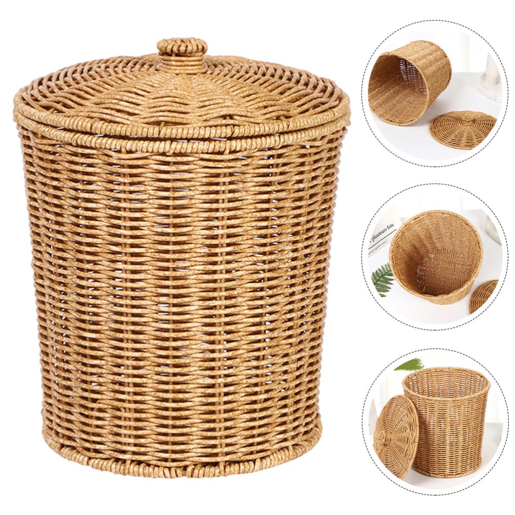 ABOOFAN Wicker Trash Can with Lid Plastic Woven Storage Laundry Hamper Baskets Round Rubbish Wastebasket Garbage Bin for Bedroom Bathroom Kitchen Home Office