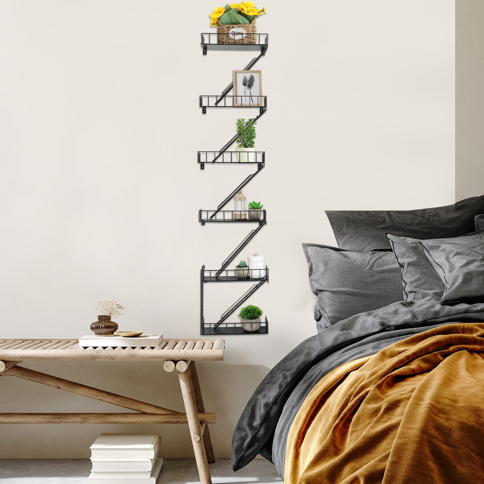 Zonon Fire Escape Wall Shelf Hanging Fire Escape Shelving Metal Ladder Decor Cool Bookshelf Fire Escape Wall Organizer Wall Floating Shelves Action Figure Shelf for Home Bedroom Room Display(6 Tier)