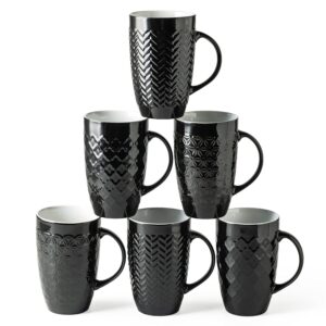 amorarc large coffee mugs set of 6, 16oz ceramic tall coffee mugs set with textured geometric patterns for coffee/tea/beer/hot cocoa, dishwasher & microwave safe, black