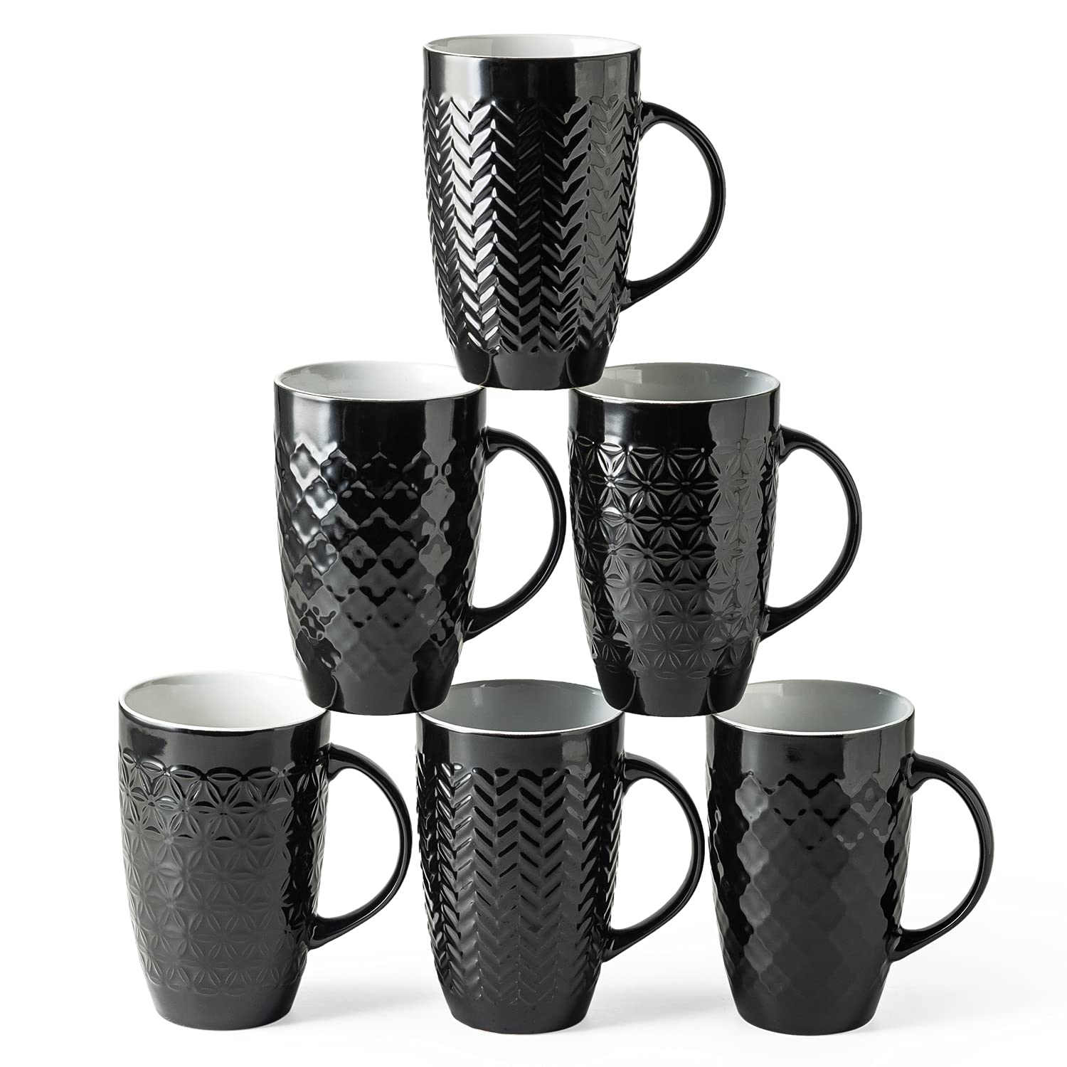 AmorArc Large Coffee Mugs Set of 6, 16oz Ceramic Tall Coffee Mugs Set with Textured Geometric Patterns for Coffee/Tea/Beer/Hot Cocoa, Dishwasher & Microwave Safe, Black