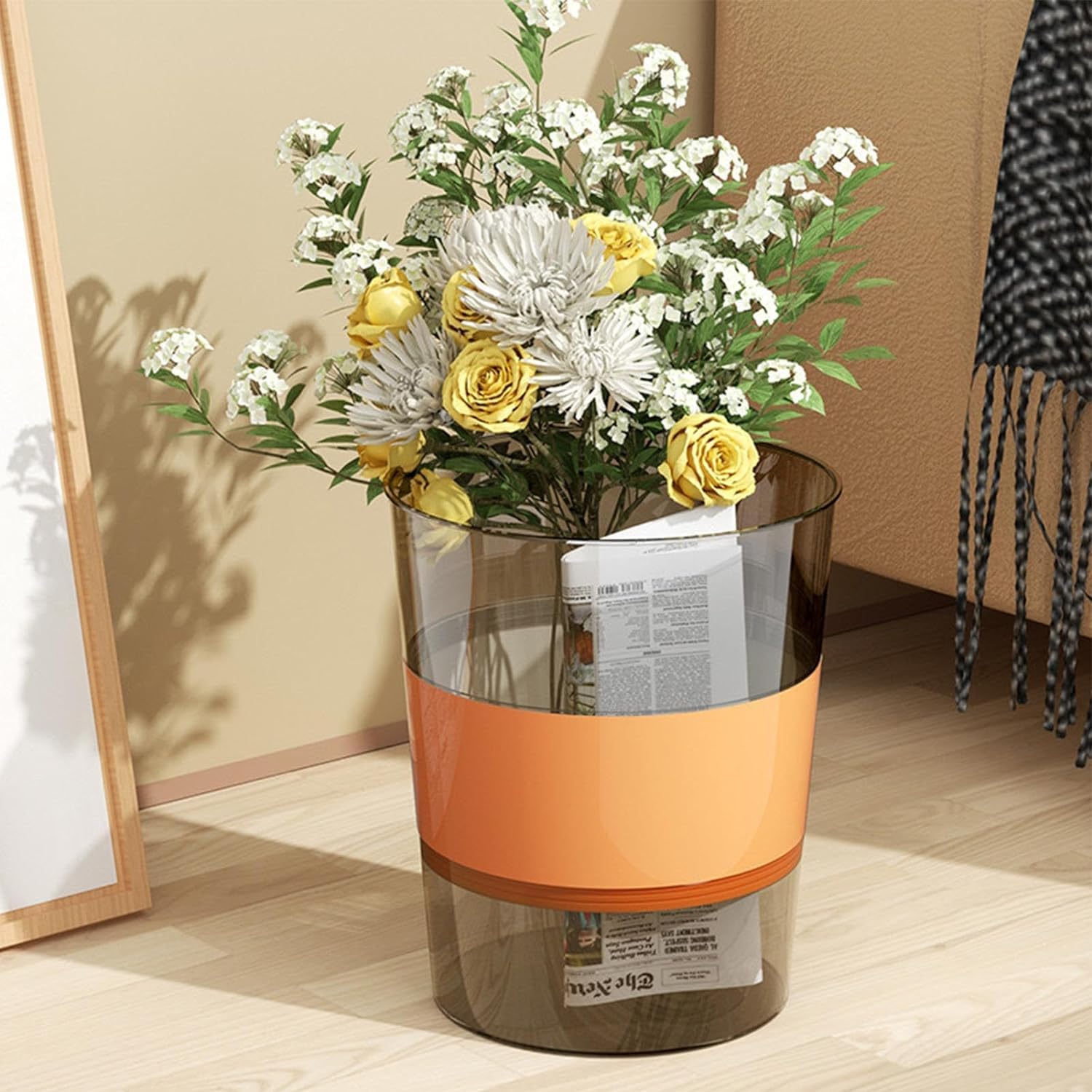 Zhongren Small Trash Can Plastic Wastebasket Foldable 2.64 Garbage Container Bin Clear Round Trash Can for Bathroom Kitchen Offices Laundry Room Outdoors Camping (Orange)